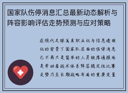 国家队伤停消息汇总最新动态解析与阵容影响评估走势预测与应对策略 国家队伤停消息汇总最新动态解析与阵容影响评估走势预测与应对策略