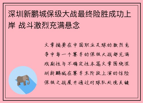 深圳新鹏城保级大战最终险胜成功上岸 战斗激烈充满悬念 深圳新鹏城保级大战最终险胜成功上岸 战斗激烈充满悬念